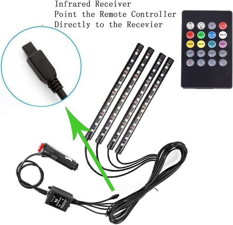 Uniwit Car LED Strip Light,Uniwit 4 Pieces DC 12V Multicolor Car Interior Music Light LED Underdash Lighting Kit with Sound Active Function and Wireless Remote Control Including Car Charger - Image 3